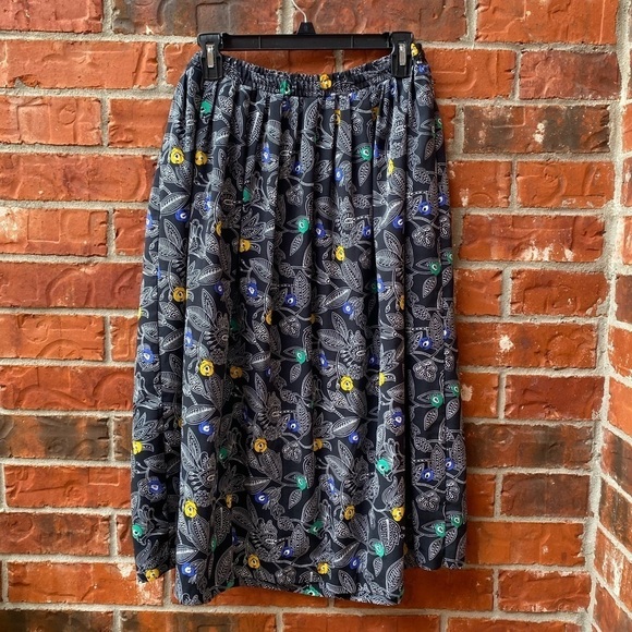 Vintage Womens 12 Black Floral Paisley Pleated Midi Prairie Long Skirt - Picture 4 of 8